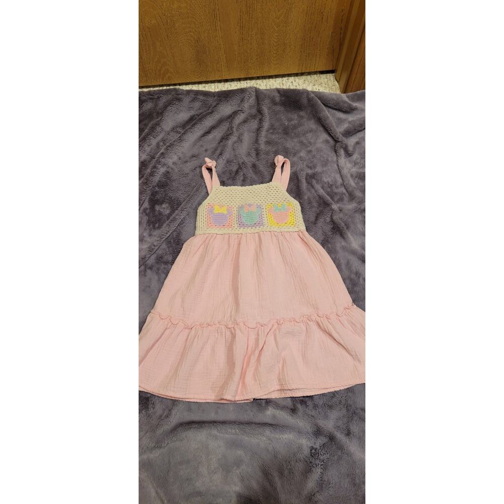 Disney Minnie Mouse Dress Girls Size 6 Pink Smocked Crochet Sundress Pastel
